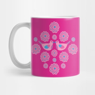 LOVELY Cute Love Birds and Big Floral Bloom Flowers in Barbiecore Light Pink on Fuchsia Hot Barbie Dark Pink - UnBlink Studio by Jackie Tahara Mug